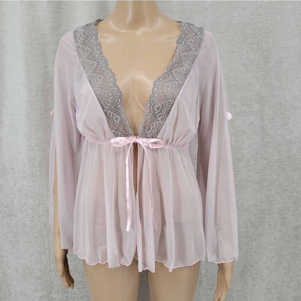 Y2K Light Pink Sheer Mesh Gray Lace Bed Jacket Bolero Bolero Cardigan